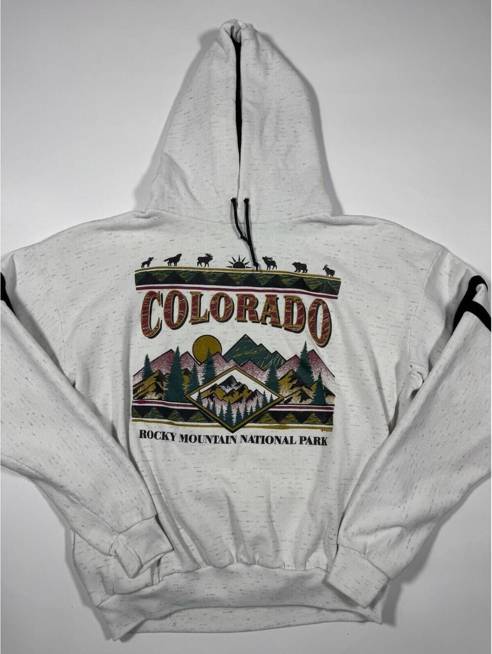 Vintage Colorado Rocky Mountain Hoodie Fleece USA Mens L Distressed